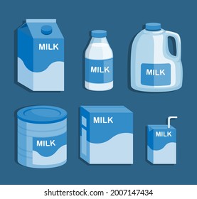 Milk product in box bottle powder and ready to drink packaging collection set illustration vector