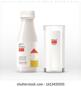 Milk Product of China : Bottle and glass of world organic milk with geometrical pattern on the label isolated on white background : Vector Illustration