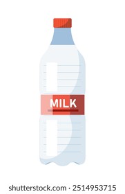 Conceito de produto láteo. Leite em garrafa de vidro. Cálcio e proteínas. Bebidas naturais e orgânicas. Adesivo de mídia social. Variedade de supermercado. Ilustração de vetor plano isolada no plano de fundo branco