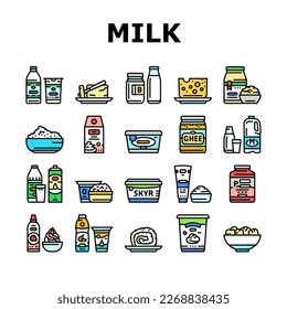 milk product dairy drink fresh icons set vector. healthy yogurt, cream bottle, food beverage, white breakfast, cow liquid, farm milk product dairy drink fresh color line illustrations