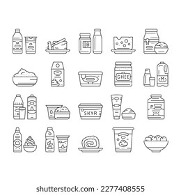 productos lácteos beber leche fresca iconos set vector. yogur sano, botella de crema, bebida alimenticia, desayuno blanco, líquido bovino, productos lácteos de la granja beben ilustraciones de contorno negro fresco