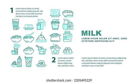 milk product dairy food yogurt landing web page header vector. drink healthy, white cream, organic cheese, bottle fresh, nutrition farm, glass, cow milk product dairy food yogurt Illustration