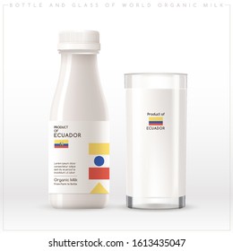 Milk Product of Ecuador : Bottle and glass of world organic milk with geometrical pattern on the label isolated on white background : Vector Illustration
