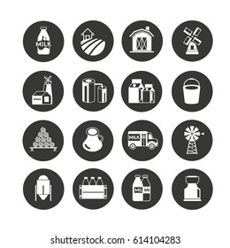 milk product and farm icon in circle buttons