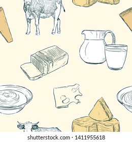 Milk product, hand draw sketch  seamless pattern vector.