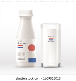 Milk Product of Holland : Bottle and glass of world organic milk with geometrical pattern on the label isolated on white background : Vector Illustration