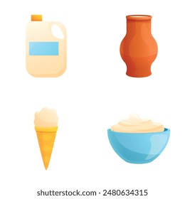 Milk product icons set cartoon vector. Fresh milk, ice cream and cottage cheese. Food and drink