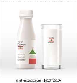 Milk Product of Lebanon : Bottle and glass of world organic milk with geometrical pattern on the label isolated on white background : Vector Illustration