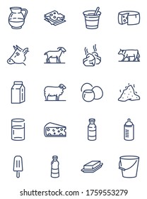 Milk product line icons set. Dairy, cow, cottage cheese, yogurt, butter linear signs. Vector icons for farming, organic food, fresh market concept