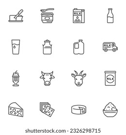 Milk product line icons set, outline vector symbol collection, linear style pictogram pack. Signs, logo illustration. Set includes icons as butter, milk pack, cheese, ice cream, yogurt bottle, cow