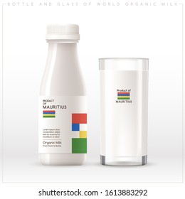 Milk Product of Mauritius : Bottle and glass of world organic milk with geometrical pattern on the label isolated on white background : Vector Illustration