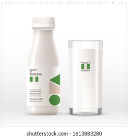 Milk Product of Nigeria : Bottle and glass of world organic milk with geometrical pattern on the label isolated on white background : Vector Illustration