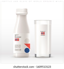 Milk Product of Norway : Bottle and glass of world organic milk with geometrical pattern on the label isolated on white background : Vector Illustration