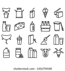 Milk Product Outline Icons Set, White And Black, Symbol, Vector And Illustration