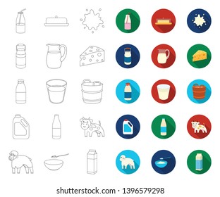 Milk product outline,flat icons in set collection  design.Milk and food vector symbol stock web illustration.