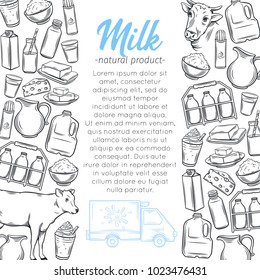 Milk product poster template. Vector illustration with natural dairy products for farm market design. Hand drawn style.