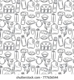 Milk product seamless pattern. Vector illustration hand drawn retro style. Outline cheese, cottage cheese, butter, a bottle and a packet of milk. smoothies and etc.