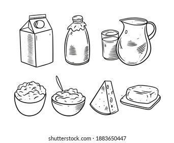 Milk product set. Hand drawn sketch vector illustration. Black color engraving style. Isolated on white background.