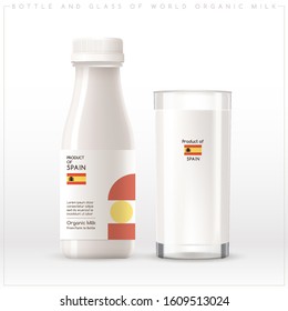 Milk Product of Spain : Bottle and glass of world organic milk with geometrical pattern on the label isolated on white background : Vector Illustration
