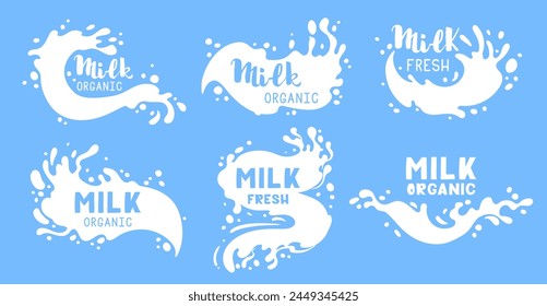 Etiquetas de salpicaduras de productos lácteos. Leche de vaca o cabra de dibujos animados con letras, logotipos de salpicaduras de leche láctea, sellos de flujo de leche con salpicaduras Ilustración vectorial plana. Elementos de salpicaduras lechosas