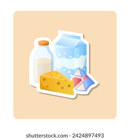 Milk product sticker illustration. Package, bottle, cheese, diary. Editable vector graphic design.