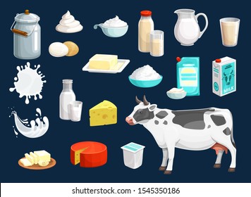 Milk product vector icons of dairy food and drink design. Yogurt bottle, glass and cheese, cow animal, cream and butter, jug and box of sour cream, cottage cheese bowl, mozzarella, baked milk splashes