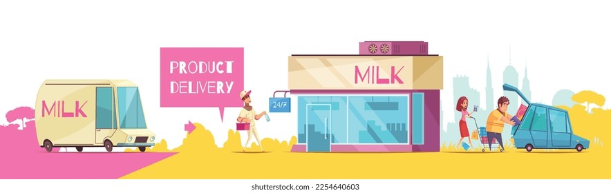 Composición de producción de leche de imágenes planas que representan etapas de fabricación de leche con subtítulos de texto ilustraciones vectoriales