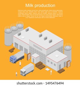 Milk production concept banner. Isometric illustration of milk production vector concept banner for web design