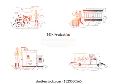 Milk production - counting cows on field, producing milk in factory, delivery and buying milk in supermarket vector concept set. Hand drawn sketch isolated illustration