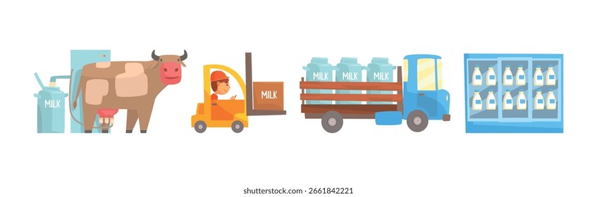 Milk Production Different Stage and Processing Vector Set