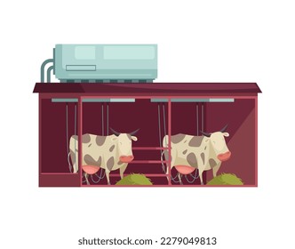 Milk production flat icon with automatic milking process and two cows vector illustration