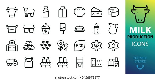 Milk production isolated icons set. Set of cow, organic dairy products, milk bottle, kefir, cottage cheese, yogurt, butter, ice cream, dairy plant, meadow vector icon with editable stroke