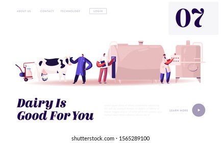 Milk Production Manufacturing, Farm Industry Website Landing Page. Milking and Beverage Pasteurization Process. Quality Products Industrial Management Web Page Banner. Cartoon Flat Vector Illustration