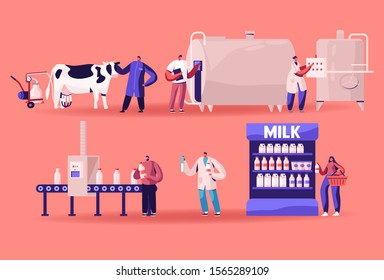 Milk Production Manufacturing, Farm Industry, Stage Process on Conveyor, Dairy Food Machine Plant. Test Beverage Quality in Flask Products Industrial Management, Sale. Cartoon Flat Vector Illustration