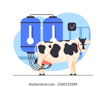 Milk production process concept. Cow at factory or manufactruring. Cattle at production. Poster or banner for website. Cartoon flat vector illustration isolated on white background