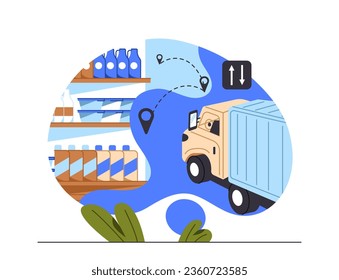 Milk production process concept. Truck at factory or manufactruring. Transport near milk bottles. Transportation and delivery. Cartoon flat vector illustration isolated on white background