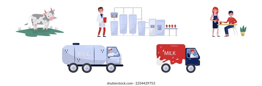 Milk Production Stages and Processing with Grazing Cow and Delivery Vector Set