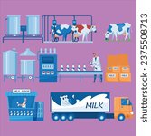 milk production steps set cartoon vector design illustration