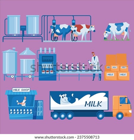 milk production steps set cartoon vector design illustration