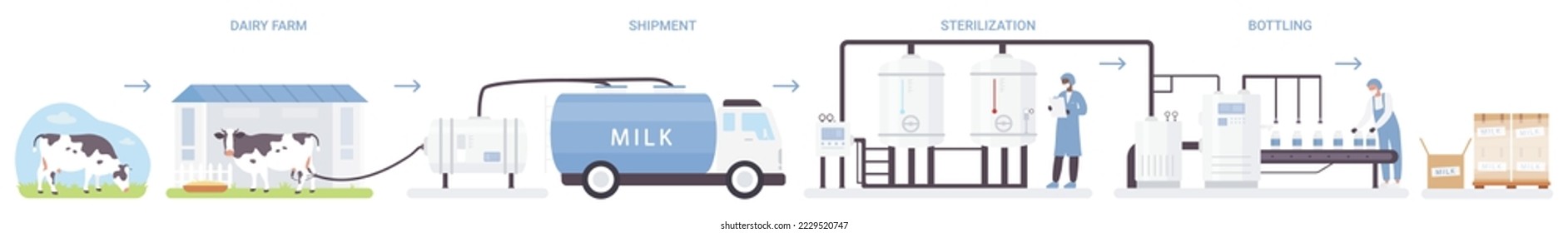 Milk production steps set. Dairy process chain, processing line in automated dairy factory, food industry. Cow, truck, conveyor worker, milking machines, pasteurization and bottling, shop and stand.