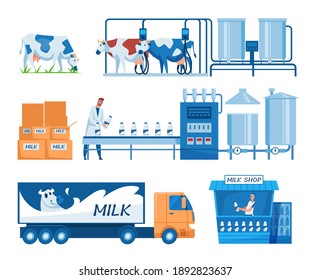 Milk Production Steps Set. Truck, Cows On Grass, Milking Machines, Worker At Conveyor With Bottles, Milk And Cheese Shop And Stand. For Dairy, Food Industry, Technology, Dairy Factory Concept