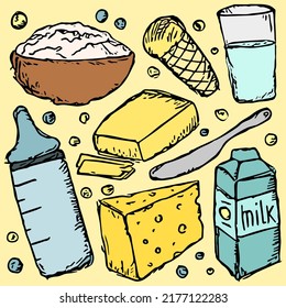 milk production. vector doodle illustration with milk products icon. milk food