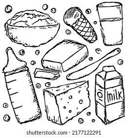 milk production. vector doodle illustration with milk products icon. milk food
