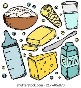 milk production. vector doodle illustration with milk products icon. milk food