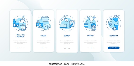 Milk products blue onboarding mobile app page screen with concepts. Cheese production. Dairy industry walkthrough 5 steps graphic instructions. UI vector template with RGB color illustrations