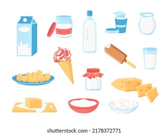 Milk products. Cartoon dairy farm food, organic cheese creams ice cream butter yoghurt in glass bottle and plastic packaging. Vector healthy food with calcium set. Illustration of farm organic food