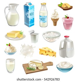 Milk products cartoon icons set with cheese and butter isolated vector illustration