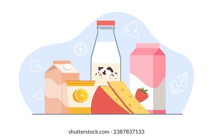 Milk products, cheese, strawberry yogurt, ryazhenka and kefir. Dairy organic farm healthy food. Plastic, glass and cardboard packaging containers, cartoon flat isolated vector concept