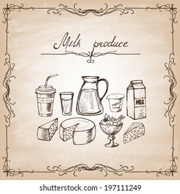 Milk products collection. Hand drawn elements. Vector illustration.