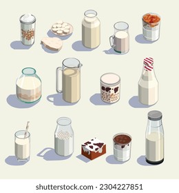 Milk products collection isometric isolated on white